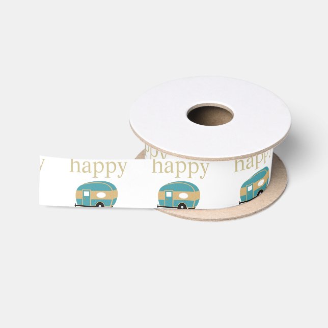 Cute Happy Camp Personality Teal Travel Trailer Satin Ribbon (Spool)