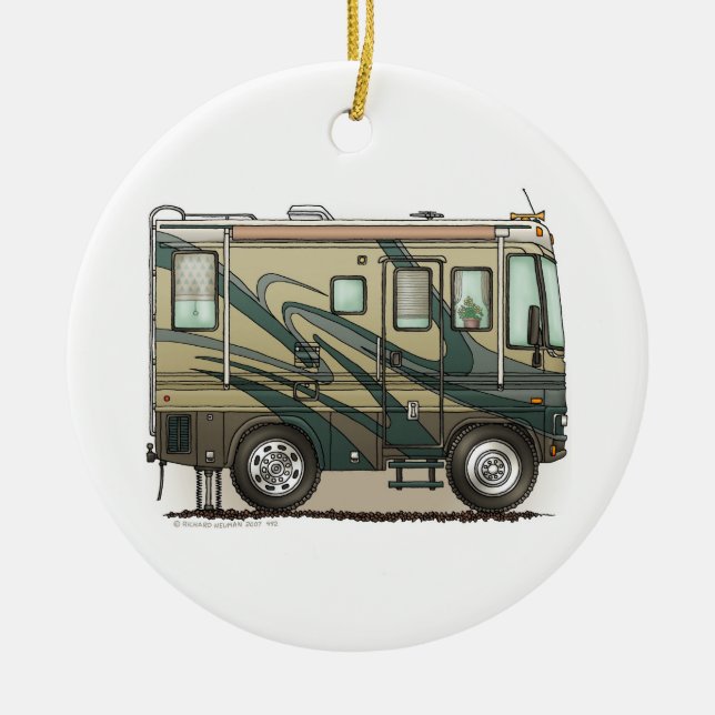 Cute Happy Camper Big RV Coach Motorhome Ceramic Ornament (Front)