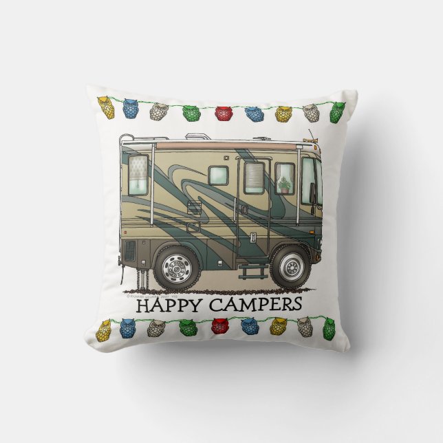 Cute Happy Camper Big RV Coach Motorhome Throw Pillow (Front)
