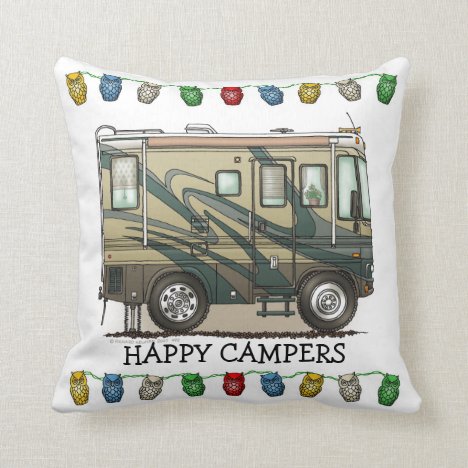 Cute Happy Camper Big RV Coach Motorhome Throw Pillow