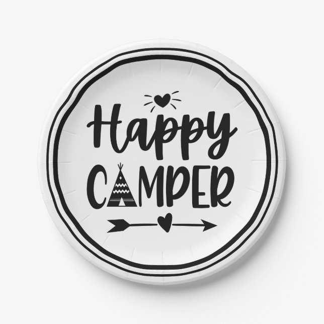 Cute Happy Camper Boho Tribal Camping Party Paper Plates (Front)