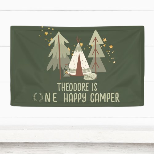 Cute Happy Camper Green Woodland First Birthday Banner