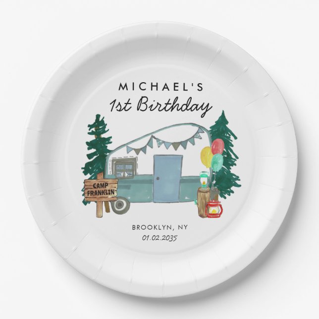 Cute Happy Camper Van Trees Camping 1st Birthday Paper Plates (Front)