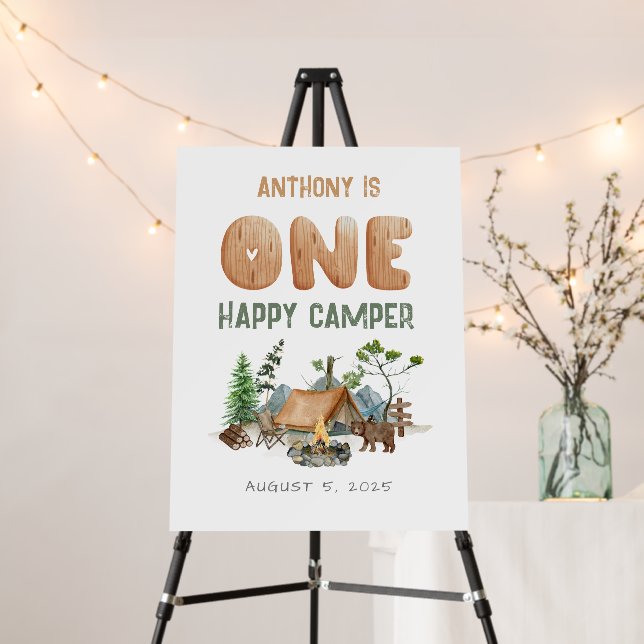 Cute Happy Camper Watercolor Woodland 1st Birthday Foam Board (In Situ (Stand))