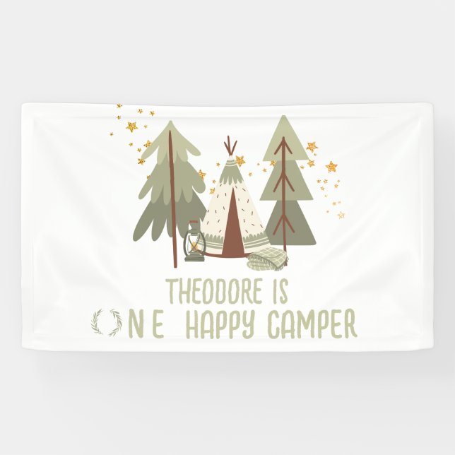 Cute Happy Camper Woodland First Birthday Banner (Horizontal)