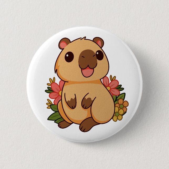 Cute Happy Capybara Drawing Button (Front)