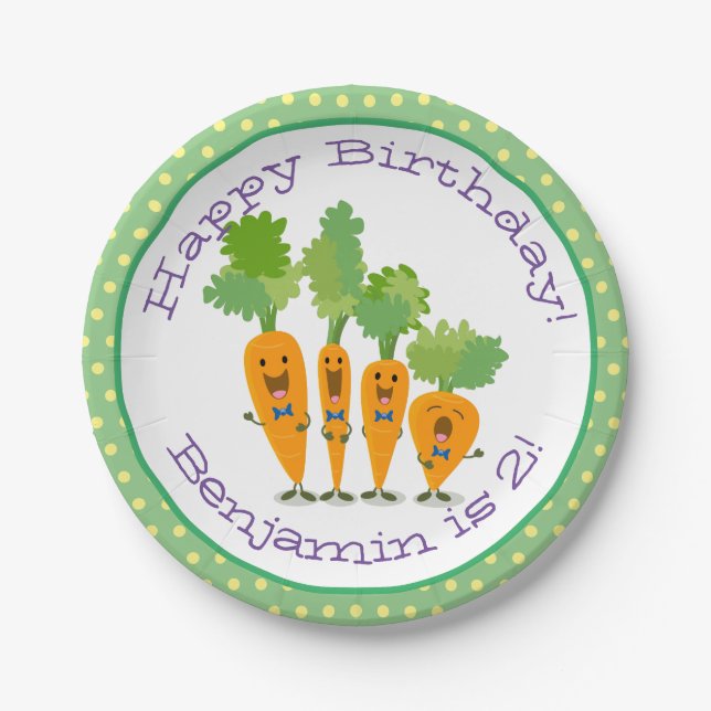 Cute happy carrots cartoon illustration paper plates (Front)