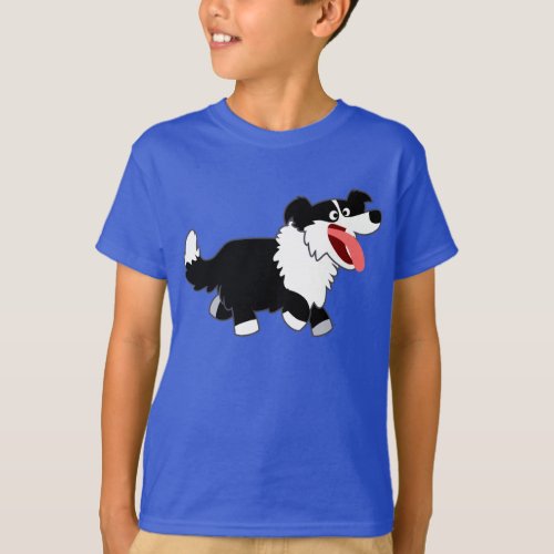 Cute Happy Cartoon Border Collie Kids T_Shirt