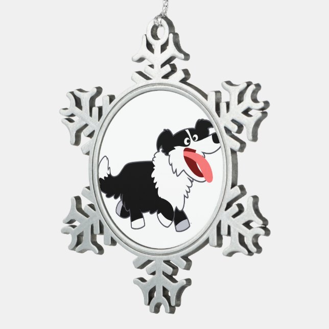 Cute Happy Cartoon Border Collie Pewter Ornament (Right)