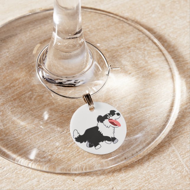 Cute Happy Cartoon Border Collie Wine Charm (In Situ)
