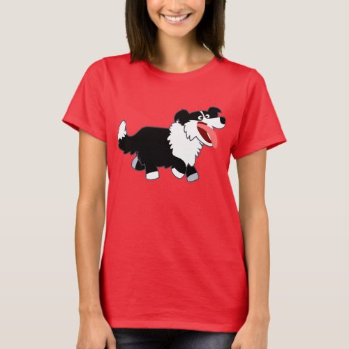 Cute Happy Cartoon Border Collie Women T_Shirt