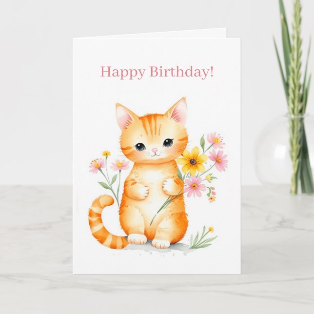 Cute Happy Cartoon Cat Kitten Birthday Card (Front)