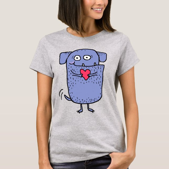 Cute & Happy Cartoon Dog with Pink Heart T-Shirt (Front)