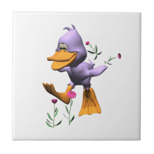 Cute Happy Cartoon Duck Running Through Flowers Ceramic Tile