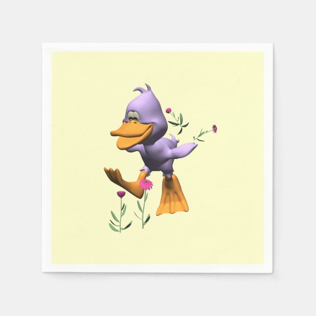 Cute Happy Cartoon Duck Running Through Flowers Paper Napkins (Front)