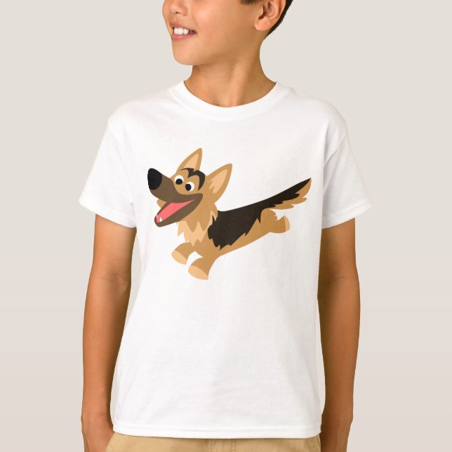 Cute Happy Cartoon German Shepherd Kids T-Shirt (Front)