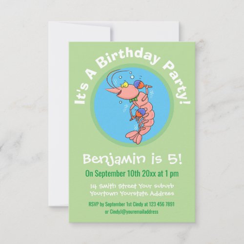 Cute happy cartoon prawn with maracas birthday invitation