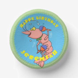 Cute happy cartoon prawn with maracas birthday paper bowls