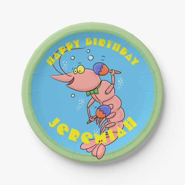 Cute happy cartoon prawn with maracas birthday paper plates (Front)