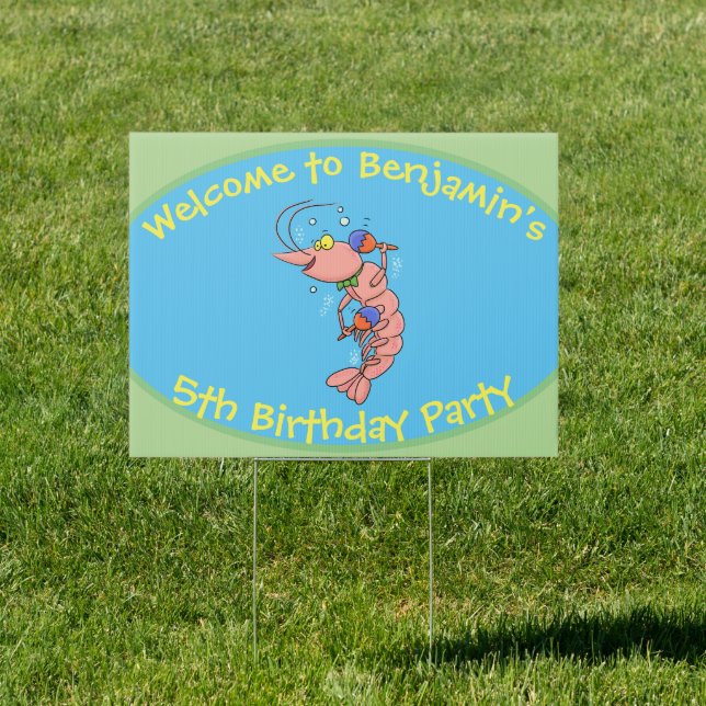 Cute happy cartoon prawn with maracas sign (Insitu)