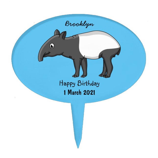 Cute happy cartoon tapir illustration cake topper (Front)