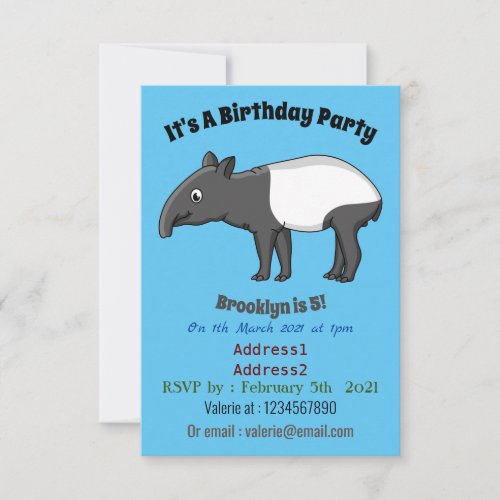 Cute happy cartoon tapir illustration invitation