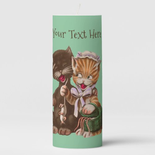 Cute Happy Cat Couple Sharing Rats from Basket Pillar Candle