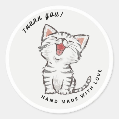 Cute Happy Cat Kitten Grey Thank You Classic Round Sticker