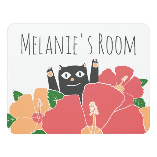 Cute Happy Cat Spring Flowers Personalised Door Sign (Contemporary Front)