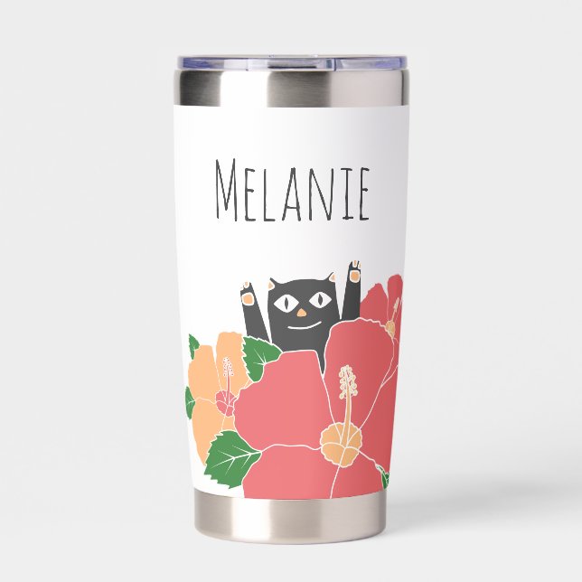 Cute Happy Cat Spring Flowers Personalised Insulated Tumbler (Front)