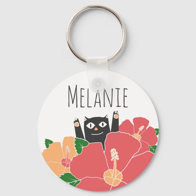 Cute Happy Cat Spring Flowers Personalised Keychain (Front)