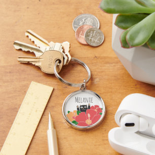 Cute Happy Cat Spring Flowers Personalised Keychain