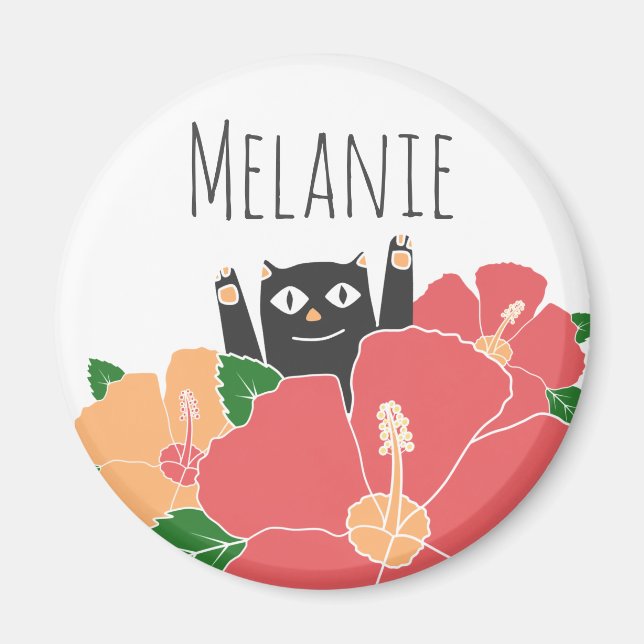 Cute Happy Cat Spring Flowers Personalised Magnet (Front)