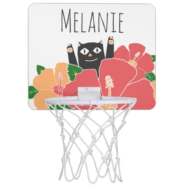 Cute Happy Cat Spring Flowers Personalised Mini Basketball Hoop (Front)