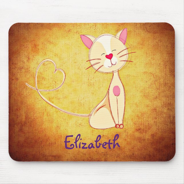 Cute happy Cat with a Heart Tail Personalized Mouse Pad (Front)