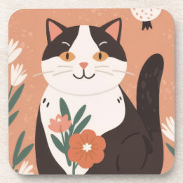 Cute Happy Cat with Spring Flowers  Beverage Coaster