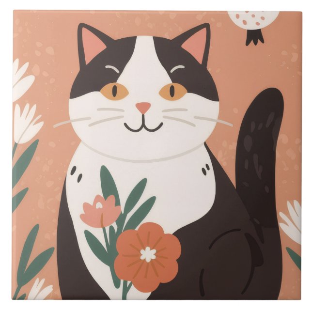 Cute Happy Cat with Spring Flowers  Ceramic Tile (Front)