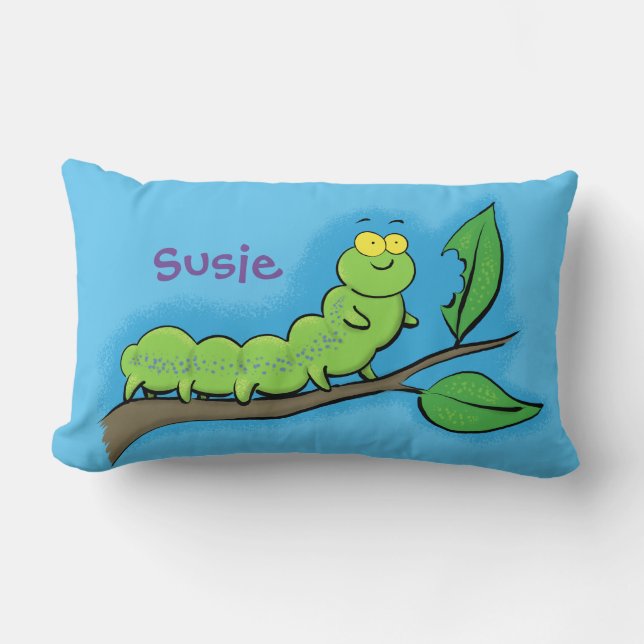 Cute, happy, caterpillar munching on a leaf pillow (Front)