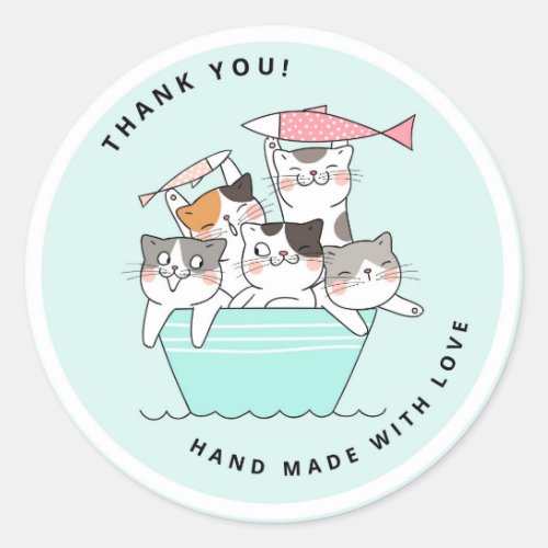 Cute Happy Cats Handmade with Love Thank You Order Classic Round Sticker