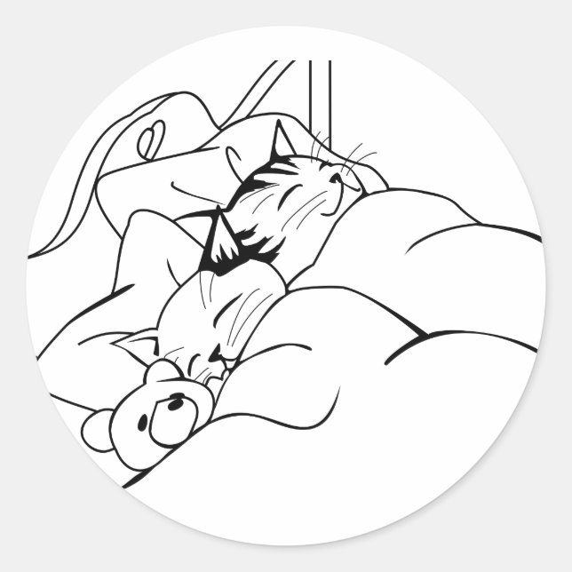Cute Happy Cats Sleeping in Bed with Teddy Bear Classic Round Sticker (Front)
