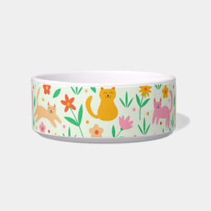 Cute Happy Cats with Orange Red and peach flowers Bowl
