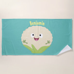 Cute happy cauliflower vegetable cartoon beach towel