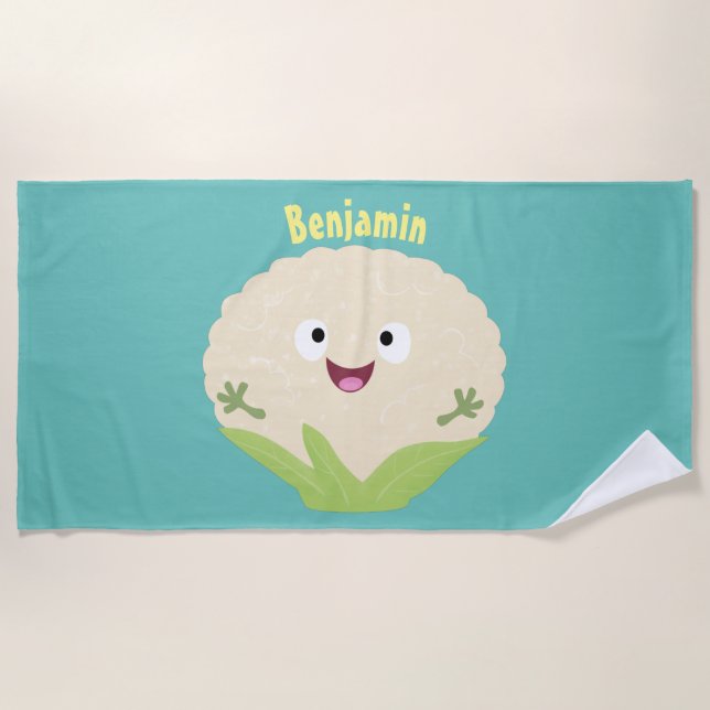 Cute happy cauliflower vegetable cartoon  beach towel (Front)