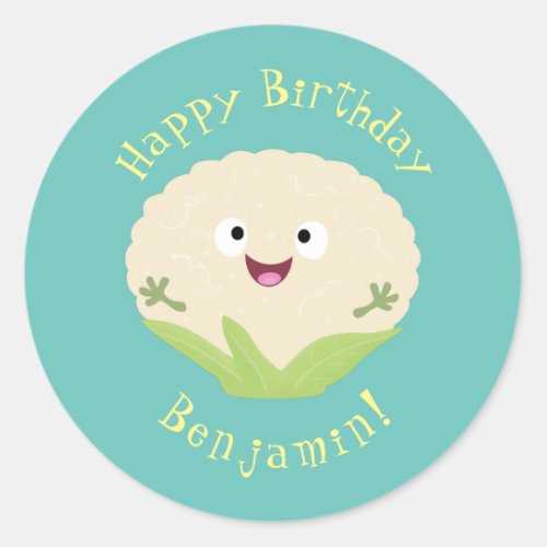 Cute happy cauliflower vegetable cartoon classic round sticker