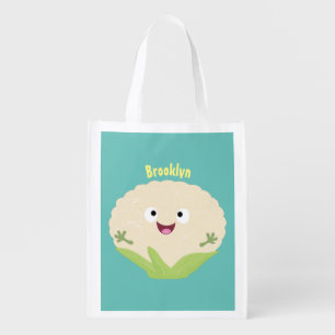 Cute happy cauliflower vegetable cartoon grocery bag