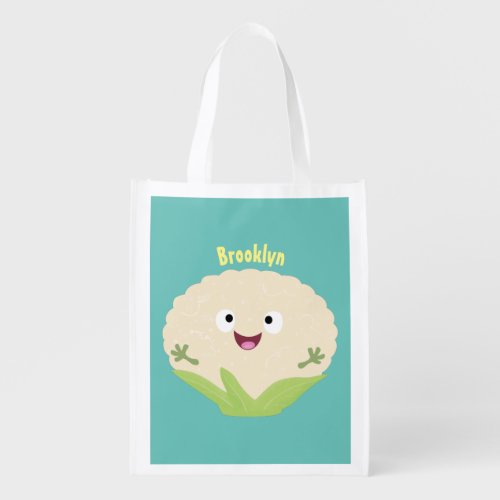 Cute happy cauliflower vegetable cartoon grocery bag