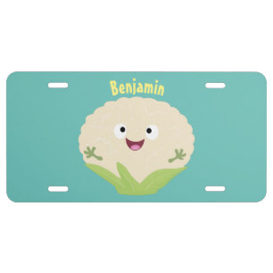 Cute happy cauliflower vegetable cartoon license plate