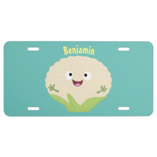 Cute happy cauliflower vegetable cartoon license plate