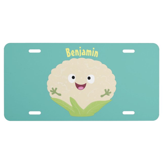 Cute happy cauliflower vegetable cartoon license plate (Front)