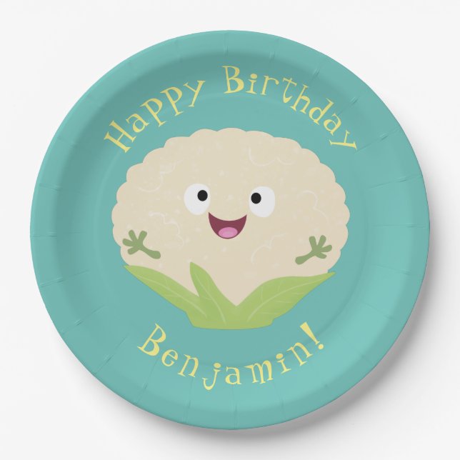Cute happy cauliflower vegetable cartoon paper plates (Front)